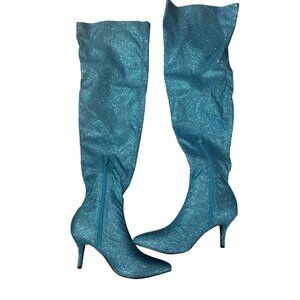 Blue Glitter Knee-High Stiletto Boots With Side Zipper Womens Size